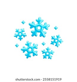Vector cartoon 3d glossy blue snowflakes composition on white background. Cute realistic shiny frozen snow set. 3d render of snowflake Illustration for winter decoration, game, app, design, nursery.