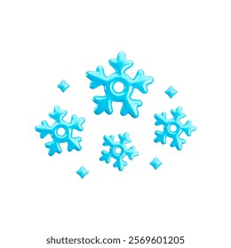 Vector cartoon 3d glossy blue snowflakes composition on white background. Cute realistic shiny frozen snow set. 3d render of snowflake Illustration for winter decoration, game, design, nursery, print.