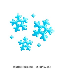 Vector cartoon 3d glossy blue snowflakes composition on white background. Cute realistic shiny frozen snow set. 3d render of snowflake Illustration for winter decoration,, sticker, design, nursery.