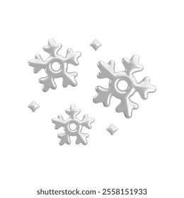 Vector cartoon 3d glossy silver snowflakes Christmas composition on white background. Cute realistic shiny frozen snow set. 3d render of snowflake Illustration for winter decoration, game, design, app