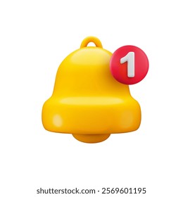 Vector cartoon 3d gold bell with notification number 1 sign. Cute realistic render of yellow ringing bell, red circle bubble. Incoming inbox message symbol. Unread mail reminder 3d icon for app, web.