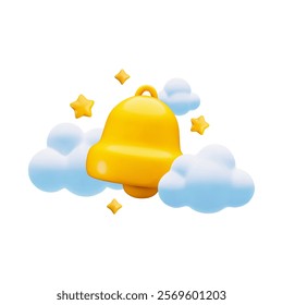 Vector cartoon 3d gold bell in sky. Cute realistic render of golden ringing bell, clouds and star. Notification sign, new message symbol. Time to sleep reminder 3d icon for game, app, Christmas symbol