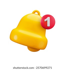 Vector cartoon 3d gold bell with notification number 1 sign. Cute realistic render of yellow ringing bell, red circle bubble. Incoming inbox message symbol. Unread mail reminder 3d icon for app, game.