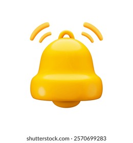 Vector cartoon 3d gold bell, notification sign. Cute realistic render of yellow ringing bell, alert, attention signal. Incoming inbox message symbol. Unread mail reminder 3d icon for app, web, game.