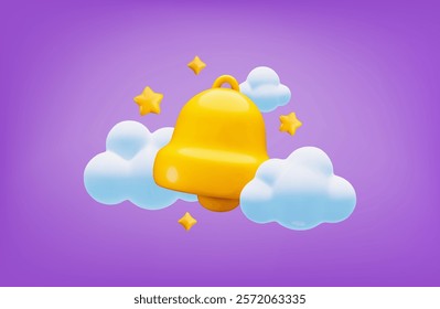 Vector cartoon 3d gold bell in sky illustration. Cute realistic render of golden ringing bell, clouds and stars on violet background. Notification sign, Time to sleep reminder 3d concept.