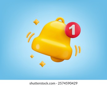 Vector cartoon 3d gold bell with notification number 1 sign on blue background. Cute realistic render of yellow ringing bell, red circle bubble, sparkles. Incoming inbox message, unread mail banner.