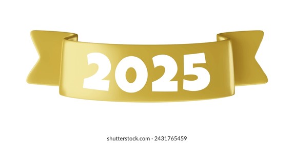 Vector cartoon 3d gold ribbon with white numbers 2025, realistic golden 3d design element for graduation design, yearbook, new year greeting card