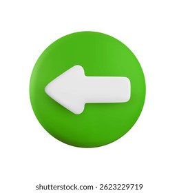 Vector cartoon 3d green arrow button. Cute realistic back direction white arrow sign on red circle. 3d render plastic navigation direction icon for infographic, web, business app, design.