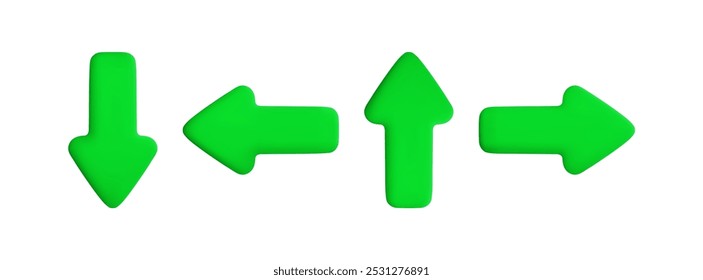 Vector cartoon 3d green arrows set. Cute realistic up, down, left and right arrow icon isolated on white background. 3d render direction pointer, plastic click cursor button, for infographic, web, app