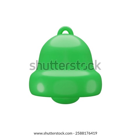 Vector cartoon 3d green bell. Cute realistic render of ringing bell notification sign, alert, new message symbol. Attention signal, reminder 3d icon for social media, app, game, Christmas symbol.