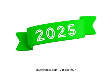 Vector cartoon 3d green folded diagonal ribbon with numbers 2025, realistic 3d design element for graduation design, yearbook, new year greeting card, Christmas design