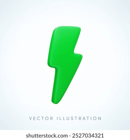 Vector cartoon 3d green lightning flash icon. Minimal 3d Render of thunder and bolt sign, eco energy power symbol, natural electric charge or danger emblem. For flash sale design, game, weather, app.