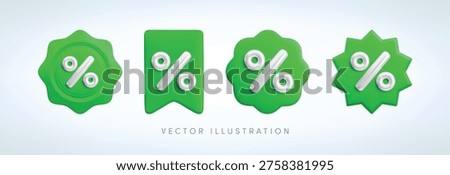 Vector cartoon 3d Green Sale badges set. Cute label starburst, ribbon, seal with white percent sign. Realistic 3d render shopping sticker for sale banner, tag, Black Friday discount app, special offer