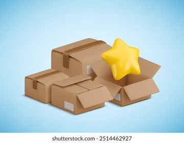 Vector cartoon 3d illustration boxes pile with gold star inside. Cute stack of opened and closed cardboard parcels. 3d successful order received icon, shipping quality control, best logistics sign.