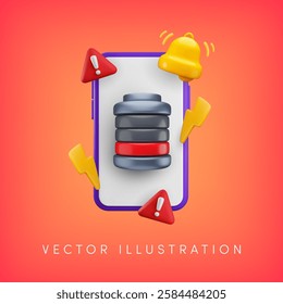 Vector cartoon 3d illustration smartphone battery problem signal. Realistic render of mobile phone, battery, warning sign, bell, lightning. Low energy accumulator, broken battery, damage notification.