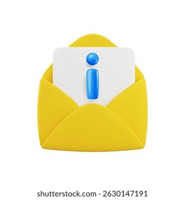 Vector cartoon 3d Information Email icon. 3d render open yellow envelope with blue info sign. Letter with FAQ Document, important information notification, support help mail concept for app, ui, game.