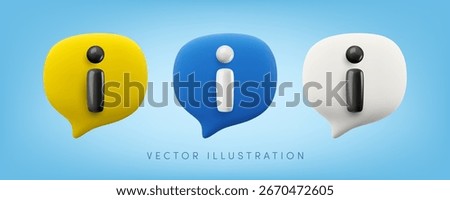 Vector cartoon 3d information message icon set. Cute realistic render of blue, yellow and white speech bubble with i sign. Important message, info support, help, faq notice popup for mobile app, game.