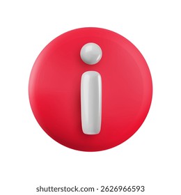 Vector cartoon 3d information sign. Cute realistic render of white i sign in red circle. Info button for info, web, help, faq, ui, game, app.