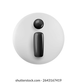 Sinal de informação 3d de desenho animado vetorial. Renderização realista bonito de preto i sinal em círculo branco. Elemento de design de botão de informações para suporte de informações, web, ajuda, faq, ui, jogo, app.