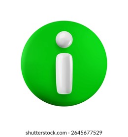 Sinal de informação 3d de desenho animado vetorial. Renderização realista bonito de branco é sinal em círculo verde. Botão de informações para suporte de informações, web, ajuda, faq, ui, jogo, app.