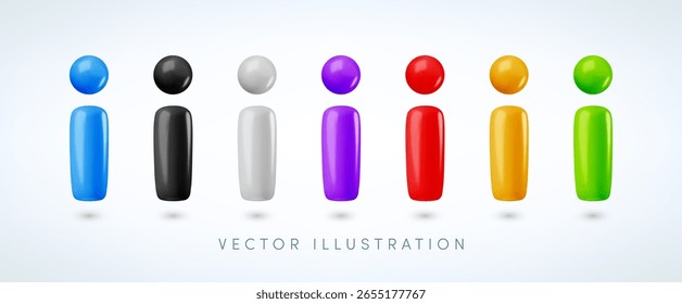 Conjunto de cores do sinal de informação 3d do desenho animado vetorial. Renderização realista bonito de azul brilhante, vermelho, amarelo, verde, roxo i sinais. Elemento de design de botão de informações importantes para suporte, web, ajuda, faq, ui, jogo, app.