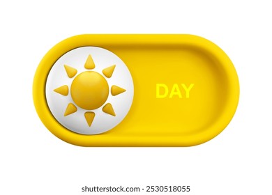 Vector cartoon 3d light theme on switch button. Cute realistic 3d yellow Day mode toggle switch slider with shiny sun icon. Funny design element for mobile app interface, web, game