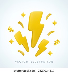 Vector cartoon 3d lightning flash concept. Minimal 3d Render of thunder and bolt with flying confetti, energy power symbol, electric charge or danger emblem. For flash sale promotion design, app, game