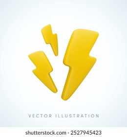 Vector cartoon 3d lightning flash concept. Minimal 3d Render of thunder and bolt, energy power symbol, electric charge or danger emblem, thunderstorm sign. For flash sale design, game, weather app.