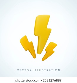 Vector cartoon 3d lightning flash concept. Minimal 3d Render of three thunder bolt, energy power symbol, electric charge or danger emblem, thunderstorm sign. For flash sale design, game, weather app.