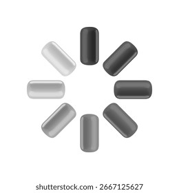 Sinal de círculo de carregamento 3d de desenho animado vetorial. 3d Renderização do ícone de círculo segmentado giratório. Spinner circular plástico, barra de progresso, download, upload, processamento esperar símbolo para infográfico, web, app, jogo.