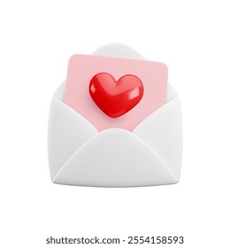 Vector cartoon 3d love letter. Realistic 3d render white opened envelope and letter with heart inside. Valentines Day greeting, Valentine email, Love message sign. Cute social media app design element