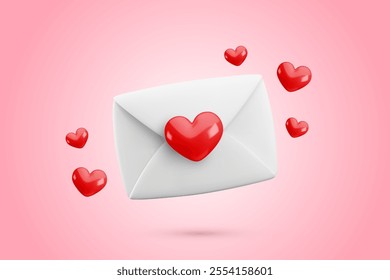 Vector cartoon 3d love letter banner. Realistic 3d render white closed envelope with red hearts. Valentines Day greeting card, Love message wallpaper, Cute Valentine email background.