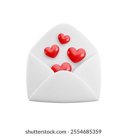 Vector cartoon 3d love letter. Realistic 3d render white opened envelope and flying out hearts confetti. Valentines Day greeting, Love message, Valentine email. Cute social media app design element.