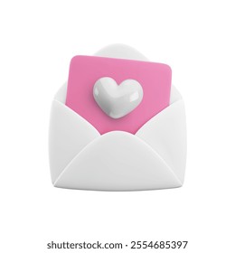 Vector cartoon 3d love letter. Realistic 3d render white opened envelope and pink letter with heart inside. Valentines Day greeting card, Valentine email, Love message. Social media app design element