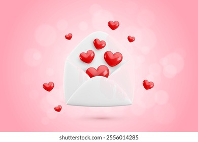 Vector cartoon 3d love letter banner. Realistic 3d render white opened envelope and flying out hearts confetti. Valentines Day greeting card, Love message wallpaper, Cute Valentine email background.