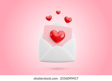 Vector cartoon 3d love letter banner. Realistic 3d render white opened envelope and flying hearts confetti. Valentines Day greeting card, Love message wallpaper, Cute Valentine email background.