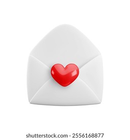 Vector cartoon 3d love letter. Realistic 3d render white open envelope with red heart. Valentines Day greeting, Love message, Valentine email sign. Cute design element for web, social media, app.