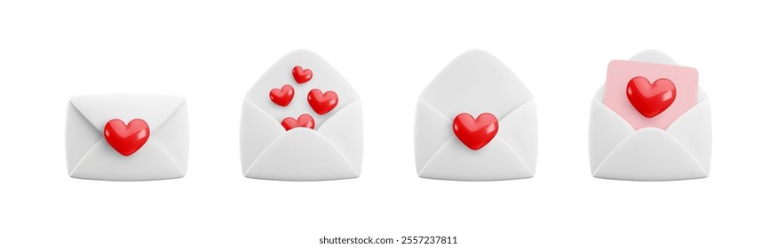 Vector cartoon 3d love letter icon set. Realistic 3d render white open and closed envelope and hearts confetti. Valentines Day greeting, Love message, Valentine email. Cute social media app design.