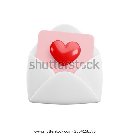 Vector cartoon 3d love letter. Realistic 3d render white opened envelope and letter with heart inside. Valentines Day greeting, Valentine email, Love message sign. Cute social media app design element