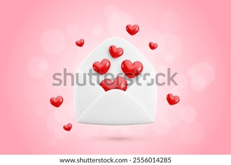 Vector cartoon 3d love letter banner. Realistic 3d render white opened envelope and flying out hearts confetti. Valentines Day greeting card, Love message wallpaper, Cute Valentine email background.