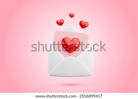 Vector cartoon 3d love letter banner. Realistic 3d render white opened envelope and flying hearts confetti. Valentines Day greeting card, Love message wallpaper, Cute Valentine email background.