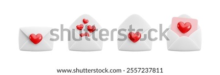 Vector cartoon 3d love letter icon set. Realistic 3d render white open and closed envelope and hearts confetti. Valentines Day greeting, Love message, Valentine email. Cute social media app design.