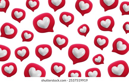 Vetor desenhos animados 3d amor fala bolhas fundo. Renderização realista da mensagem de bate-papo vermelho com o ícone do coração no fundo branco. Como papel de parede botão, Valentines Day banner de mídia social.
