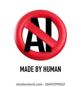 Filme de animação vetorial 3d feito por estandarte humano. Proibição vermelha Sem sinal de IA no branco. Ícone realista de bloco redondo 3d com barra. Proibir ou interromper o uso de conteúdo gerado por IA, proibido a Inteligência Artificial.
