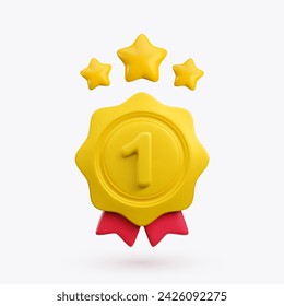 Vector cartoon 3d medal with number one, red ribbons and stars realistic icon. Trendy gold round wavy first place award, abstract winner badge sign. 3d render quality certificate badge illustration.