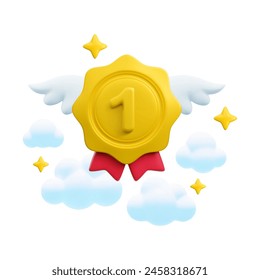 Vector cartoon 3d medal with number one, red ribbons, wings and clouds realistic icon. Trendy flying gold round first place award, cute winner badge sign. 3d render quality badge illustration.