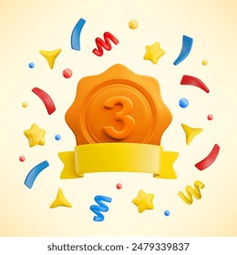 Vector cartoon 3d medal with number three, yellow ribbon, stars and confetti. Trendy realistic bronze round wavy third place award, festive winner badge sign. Cute 3d render prize illustration.