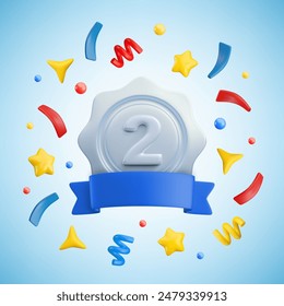 Vector cartoon 3d medal with number two, blue ribbon, stars and confetti. Trendy realistic silver round wavy second place award, festive winner badge sign. Cute 3d render prize illustration.