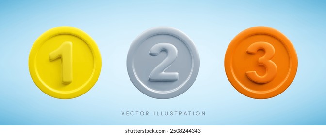 Vector cartoon 3d medal with numbers realistic icon set. Trendy gold, silver and bronze round award, abstract cute badge warranty sign. 3d render metallic certificate badge illustration, metal coins.