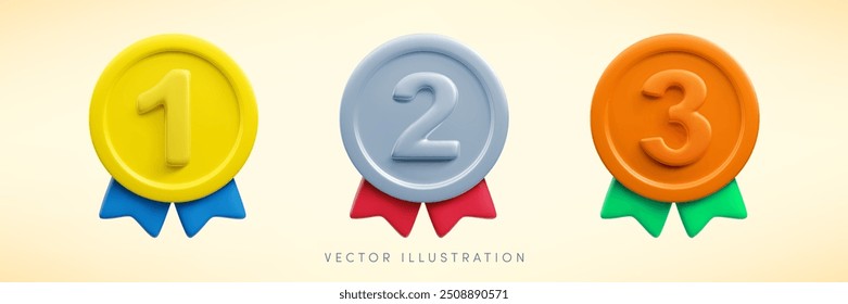 Vector cartoon 3d medal with numbers and ribbons realistic icon set. Trendy gold, silver and bronze round award, abstract cute badge warranty sign. 3d render metallic certificate badge collection.